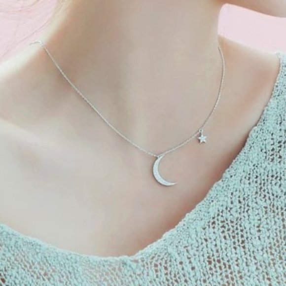 Sterling Silver Layered Necklace Chain Star Half Moon Choker Necklace - Picture 4 of 8